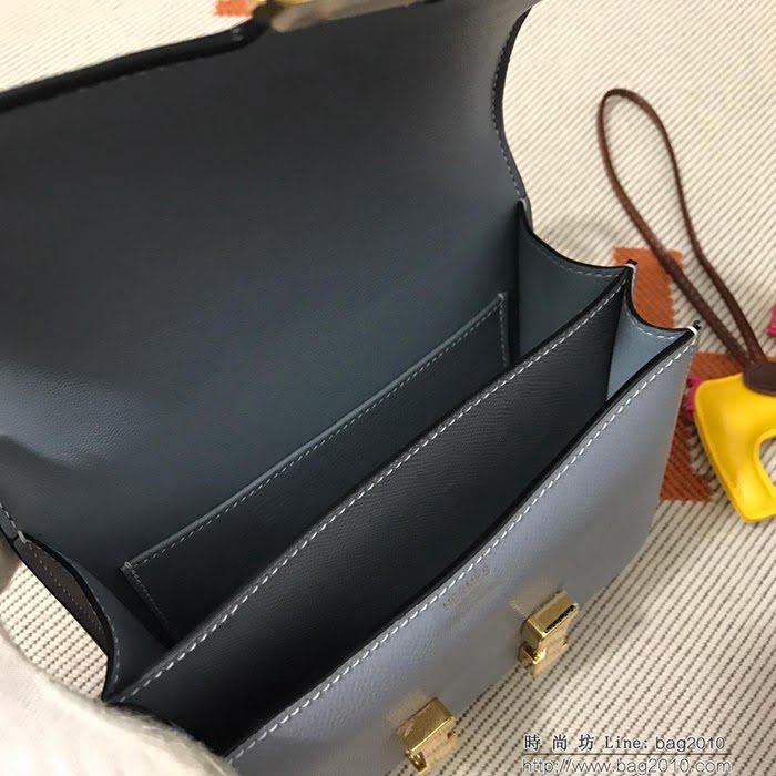 HERMES愛馬仕 H空姐包 進口原廠EP皮 頂級蜜蠟製作 街拍必備單品 亞麻蘭金銀 單肩斜挎包  Ama1567